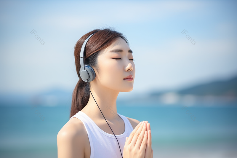 海边夏日美女运动戴着耳机双手合十听歌听音乐的女性人物图像摄影,高清,摄影图,摄影图片,图片大全,摄影图免费下载